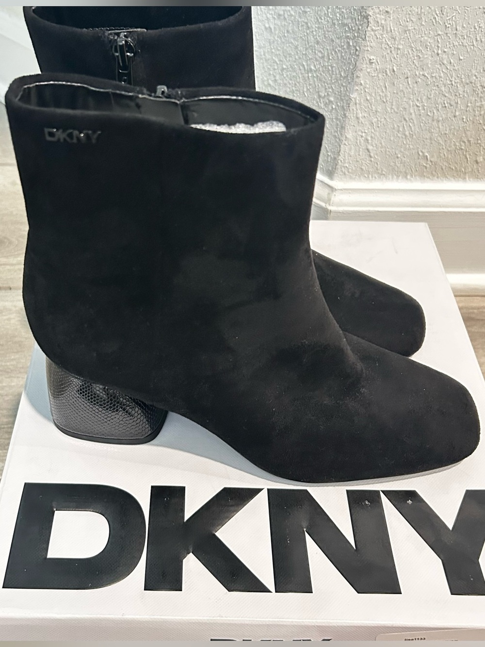 DKNY Caleena Black Suede Ankle Booties with Textured Block Heel Size 8